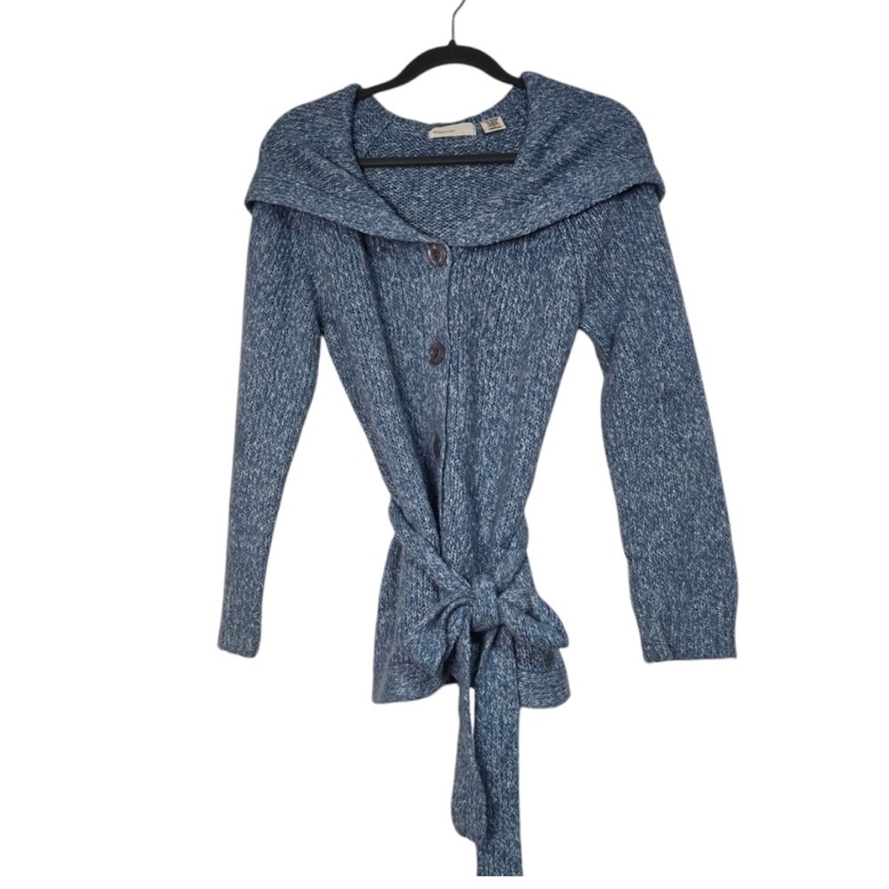 Anthropologie Sleeping on Snow Blue Wool Button Front Waist tie Cardigan Sweater